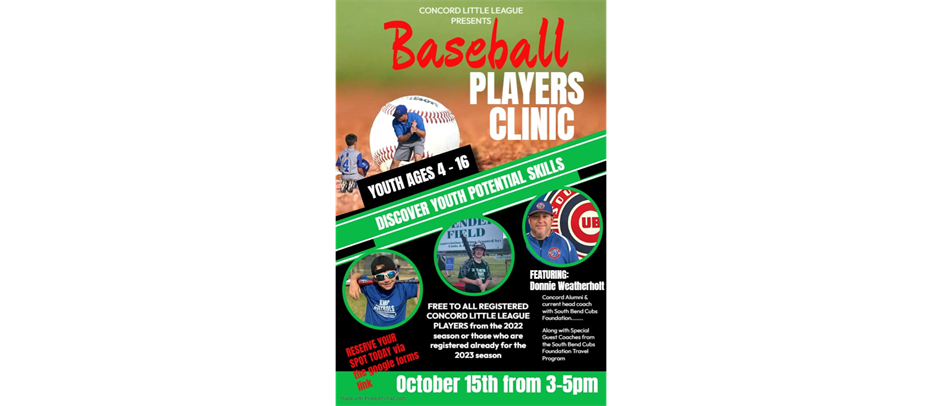 CONCORD LITTLE LEAGUE PLAYERS CLINIC (Free Event)